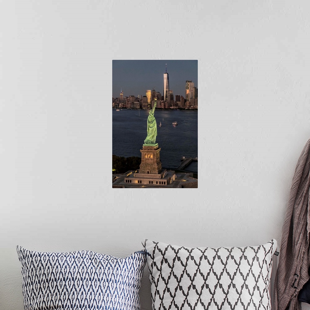 A bohemian room featuring Aerial view of Stature of Liberty and New York City from above