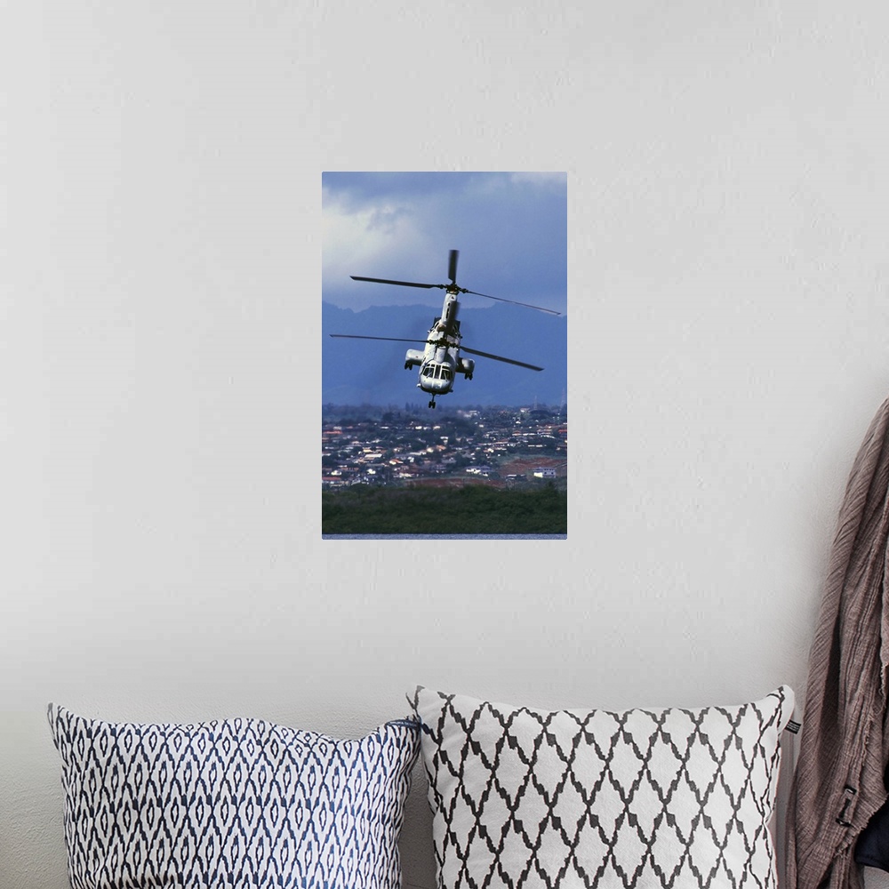 A bohemian room featuring A CH46 Sea Knight helicopter in flight