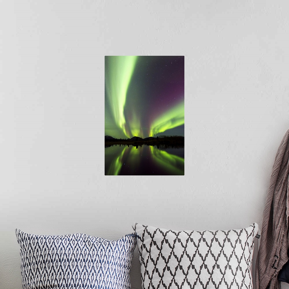 A bohemian room featuring Aurora borealis over Fish lake, Whitehorse, Yukon, Canada.