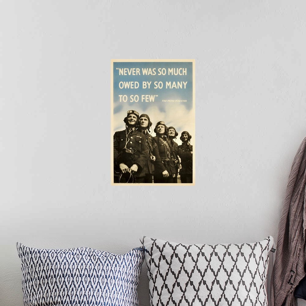 A bohemian room featuring British military history poster featuring members of The Royal Air Force.