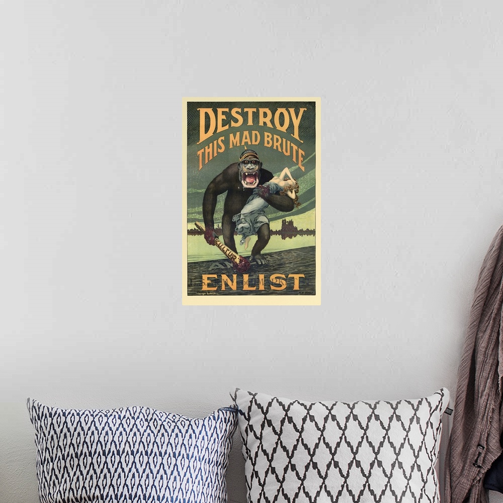 A bohemian room featuring Vintage World War I recruiting poster featuring a giant gorilla wearing a helmet labeled Militari...