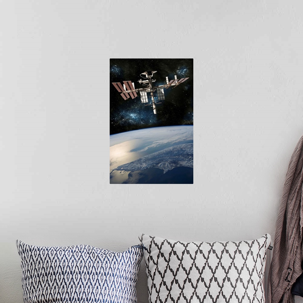 A bohemian room featuring Space shuttle docked at the International Space Station.