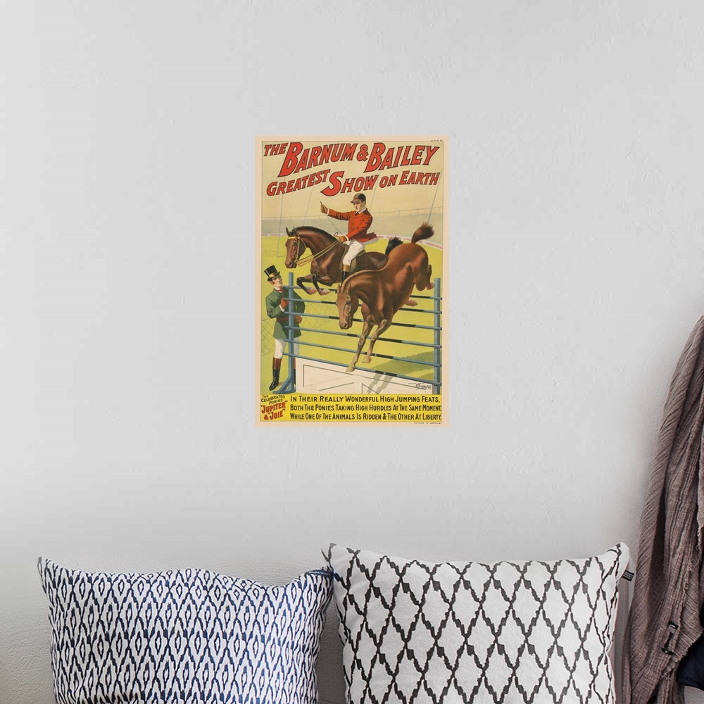 A bohemian room featuring Vintage Barnum & Bailey Circus Poster Of Two Ponies Jumping Over An Obstacle, 1898