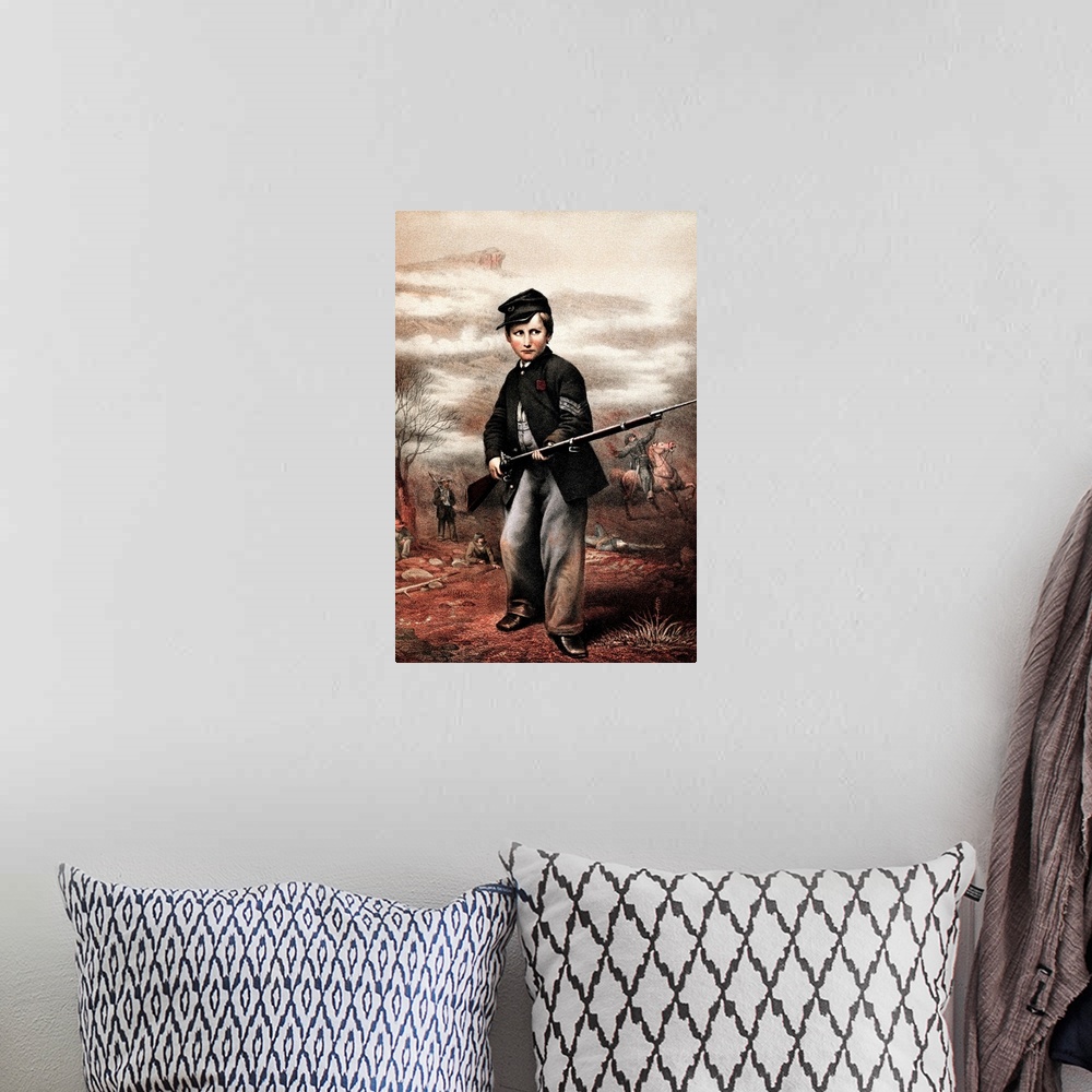 A bohemian room featuring Vintage Civil War print of a Union Drummer Boy, John Clem, holding a rifle on the battlefield. Jo...