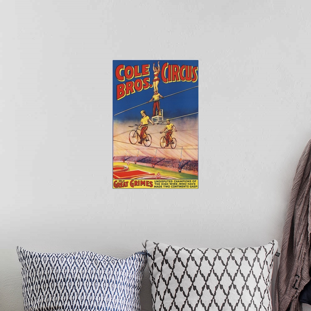 A bohemian room featuring Vintage Cole Brothers Circus Poster Of High Wire Acrobats, 1890