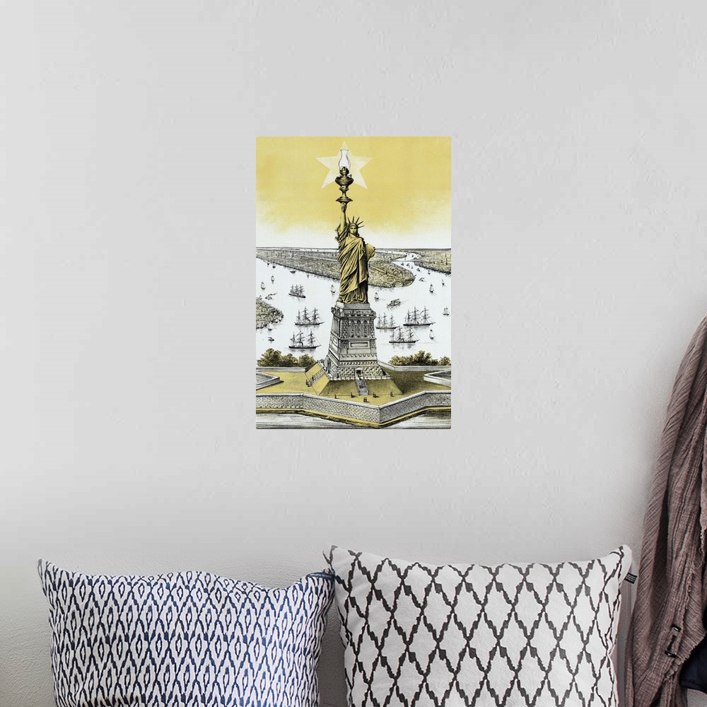 A bohemian room featuring Vintage color architecture print featuring The Statue of Liberty.