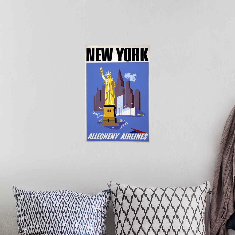 A bohemian room featuring Vintage travel poster for Allegheny Airlines of the Statue of Liberty and the New York City skyli...