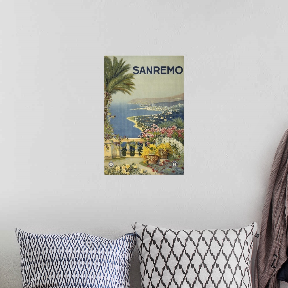 A bohemian room featuring Vintage Travel Poster Of The Coastline Of San Remo From A Terrace, 1920