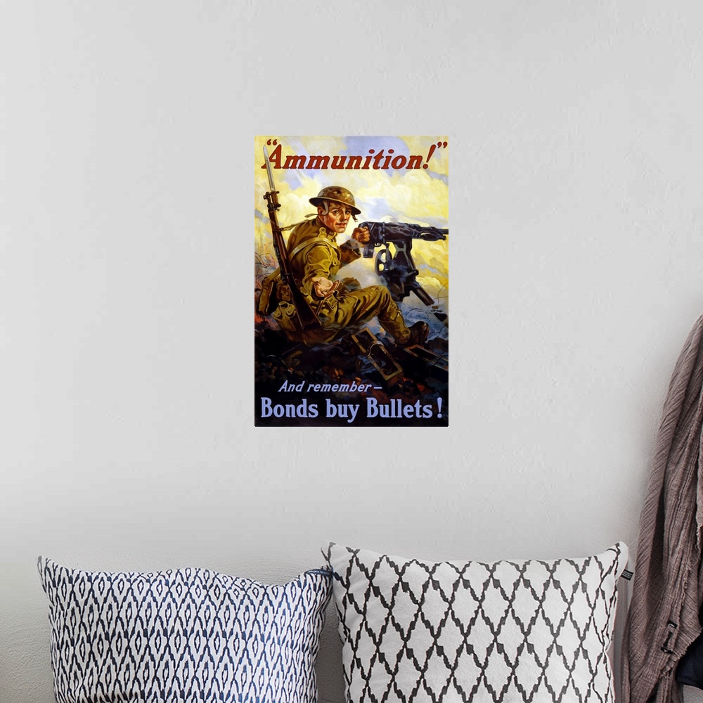 A bohemian room featuring Vintage World War I poster of a U.S. soldier firing a machine gun on a battlefield. His hand is r...