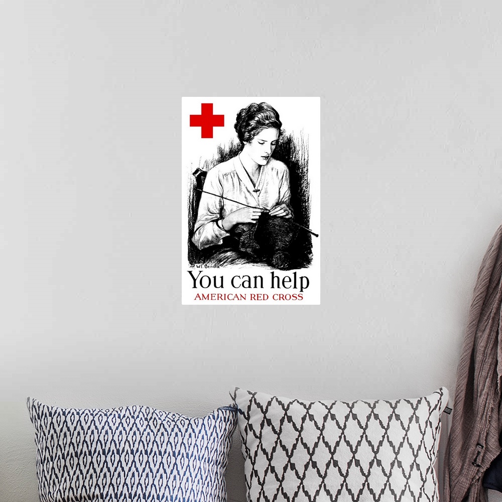 A bohemian room featuring Vintage World War One poster of a young woman knitting and a large red cross. It reads, You can h...