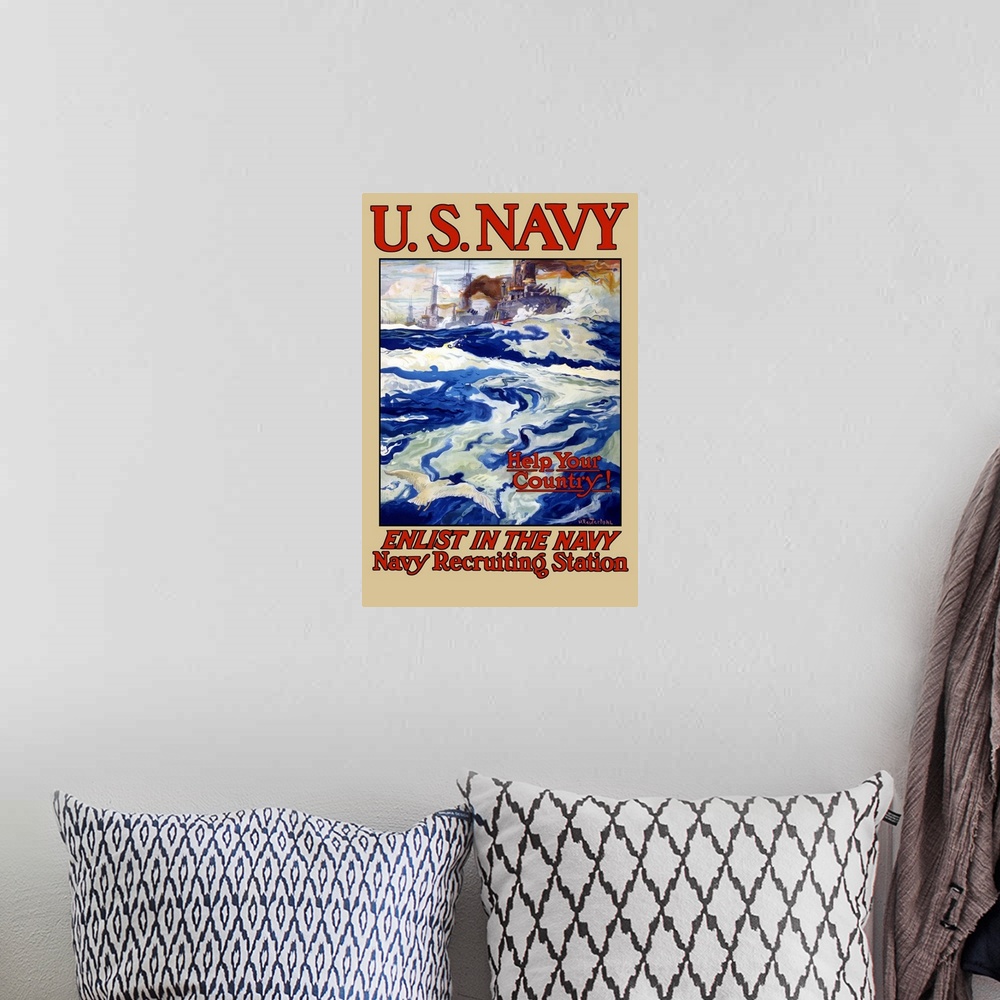 A bohemian room featuring Vintage World War I poster of battleships at sea. It reads, U.S. Navy, Help Your Country! Enlist ...