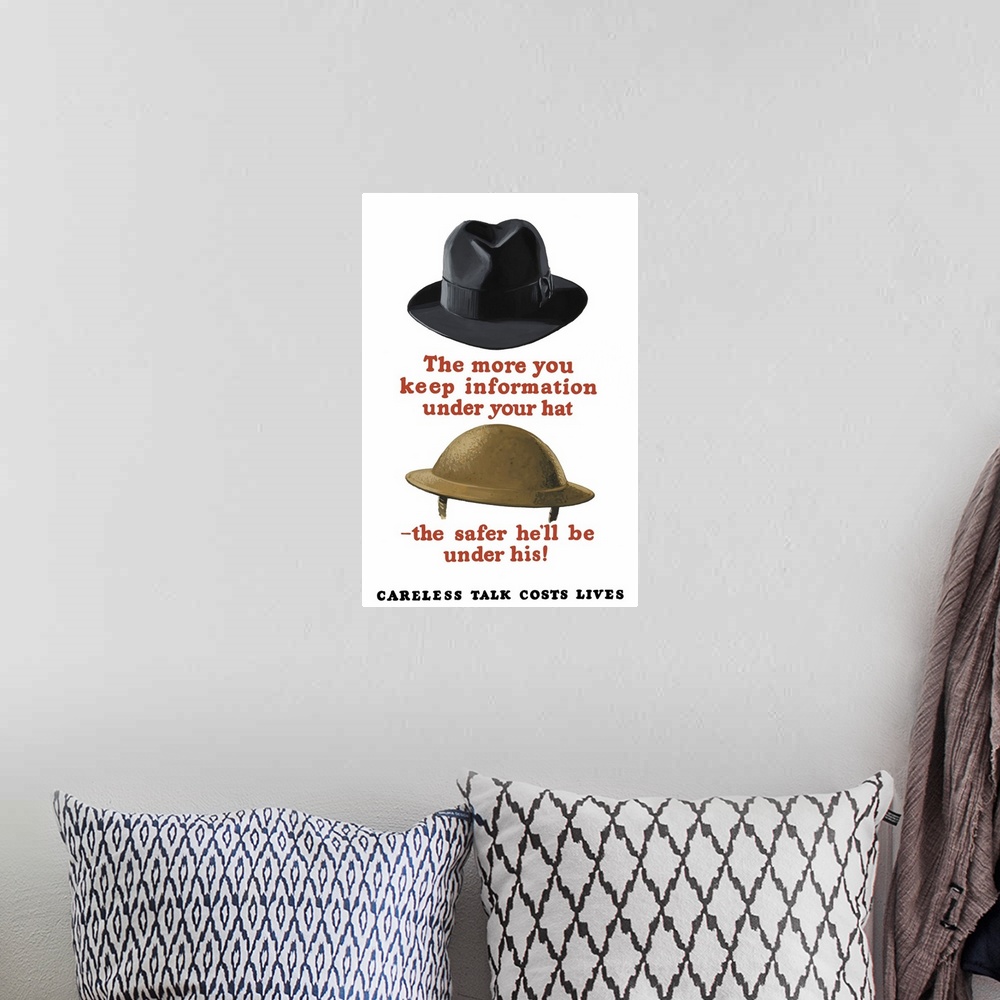 A bohemian room featuring Vintage World War II poster featuring a fedora and an Army helmet.