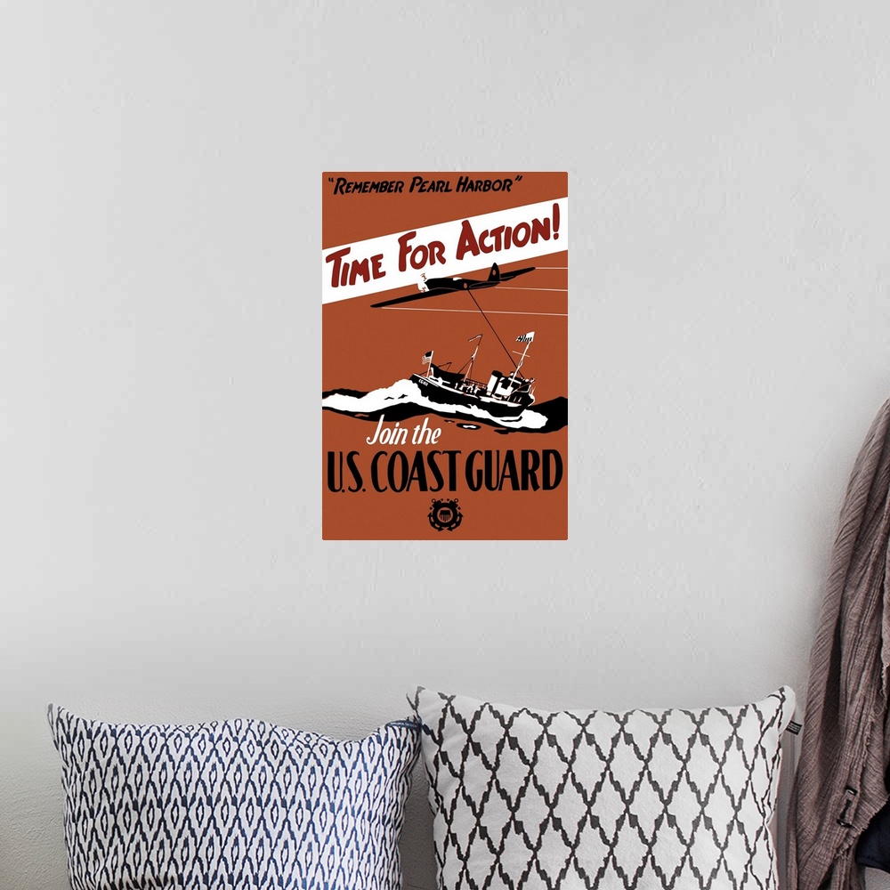 A bohemian room featuring Vintage World War II poster featuring a fighter plane and a ship patrolling the sea.