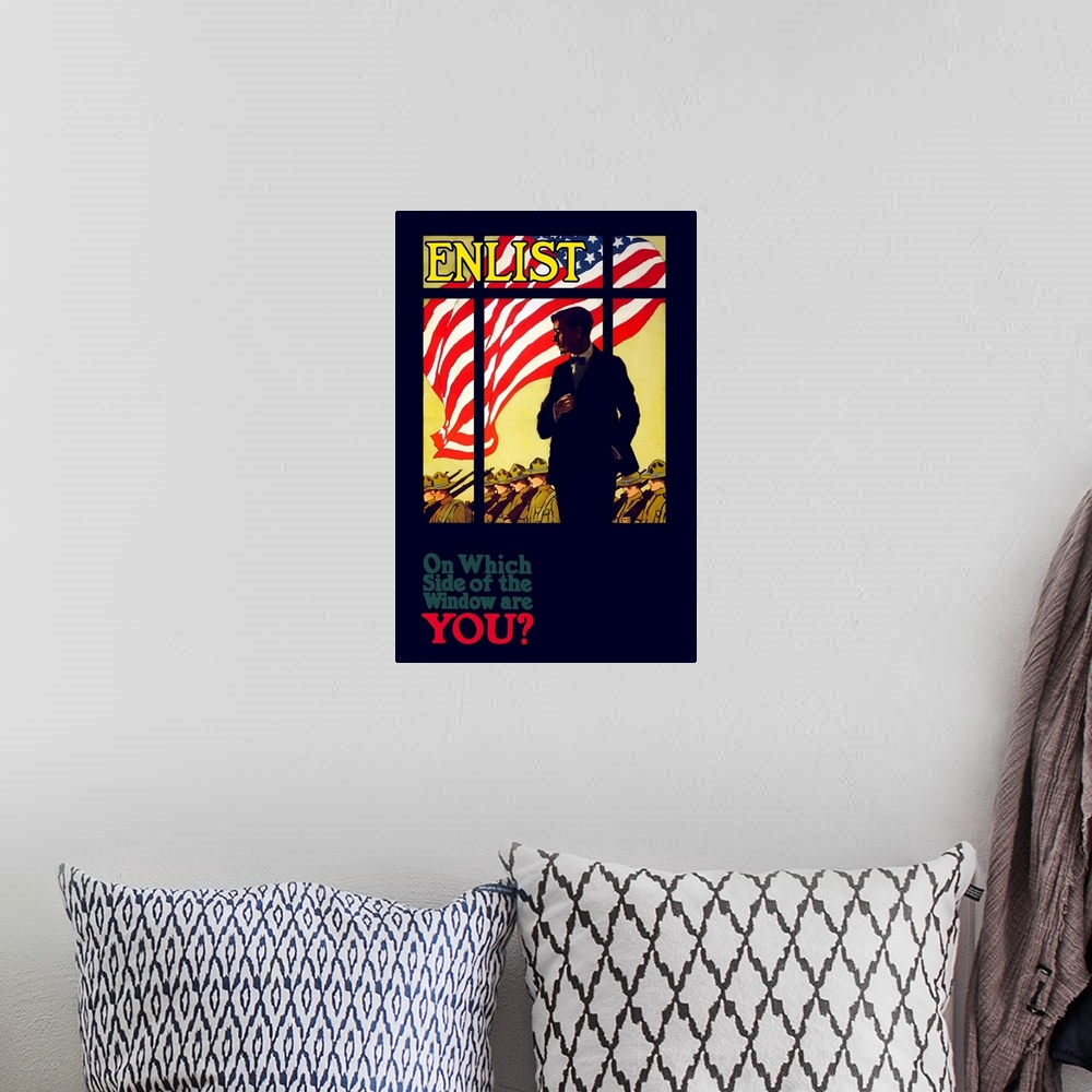 A bohemian room featuring Vintage World War One poster of a man looking through a window as troops march past and an Americ...