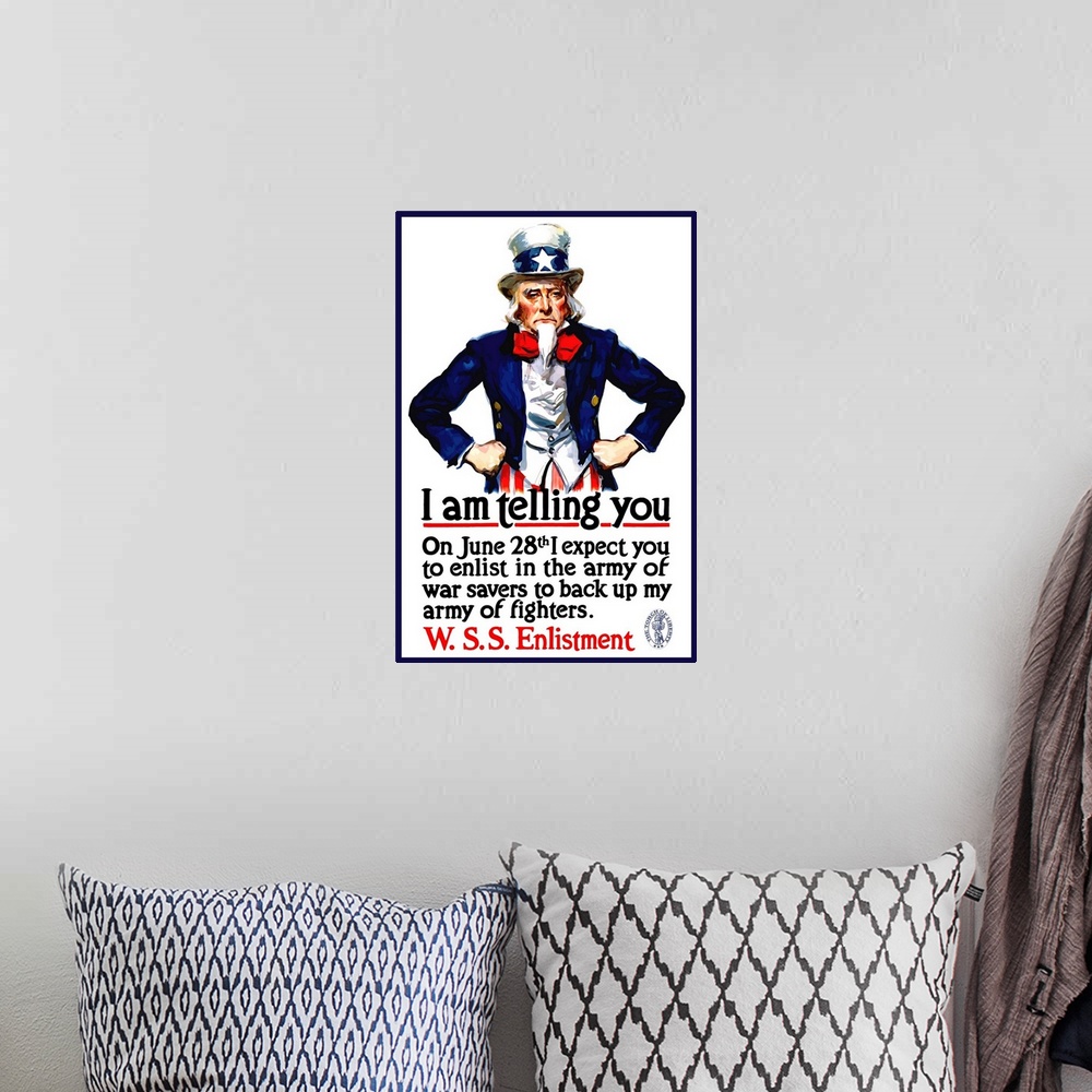 A bohemian room featuring Vintage World War I poster of Uncle Sam standing with his hands on his hips. It reads, I am telli...