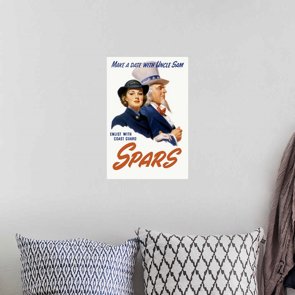 A bohemian room featuring Vintage World War II poster featuring a female Coast Guard Cadet and Uncle Sam. It reads, Make a ...