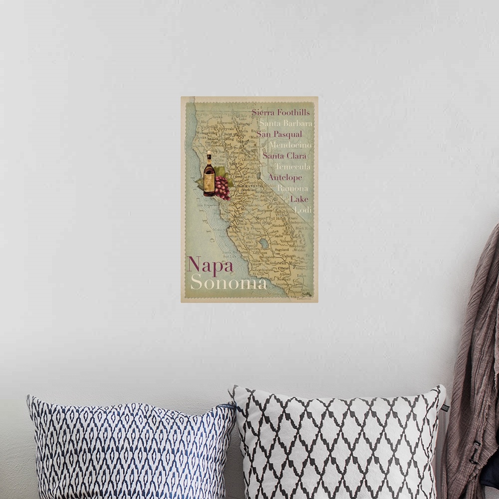 A bohemian room featuring A map of California with wine tourism locations, including Napa and Sonoma.