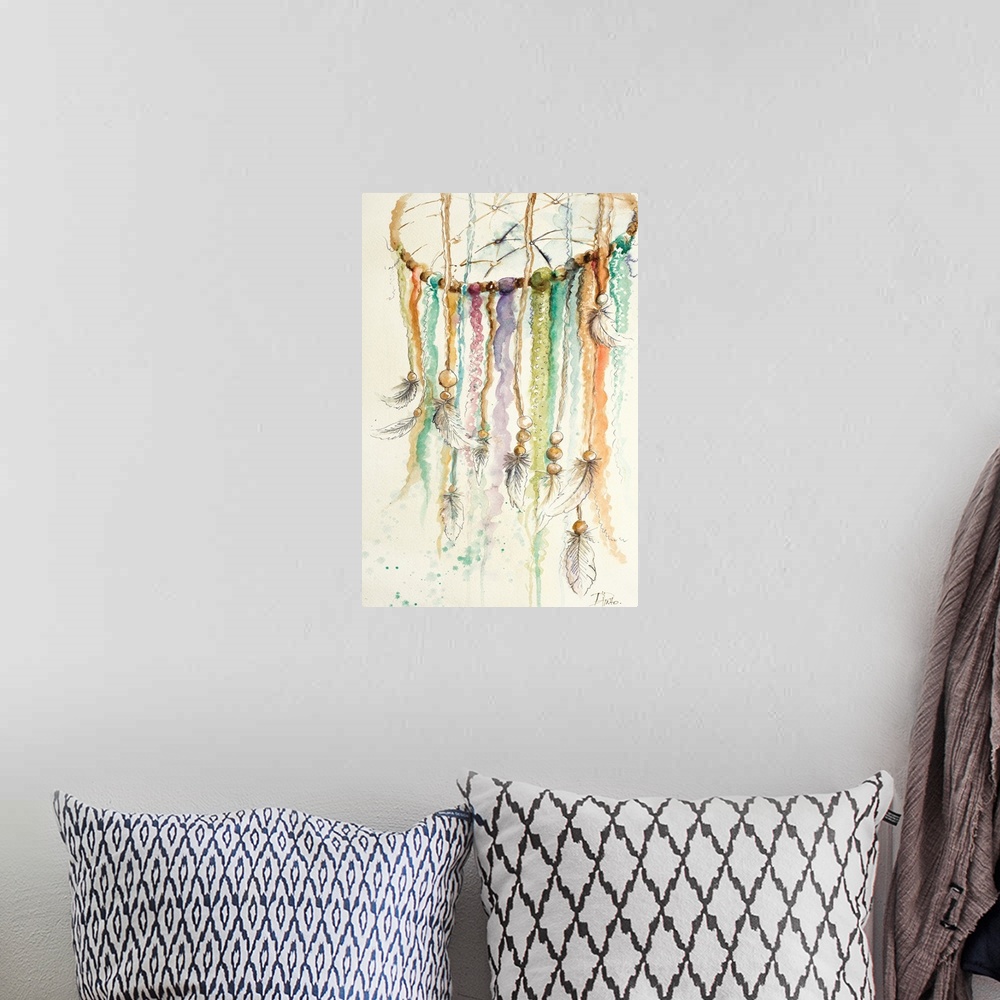 A bohemian room featuring Painting of a dream catcher with cords of varying color and feathers tied to the ends.