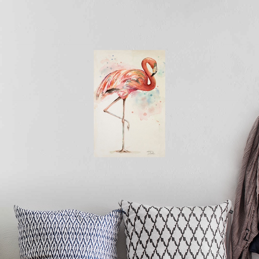 A bohemian room featuring Painting of a pink flamingo with long legs on a beige background.