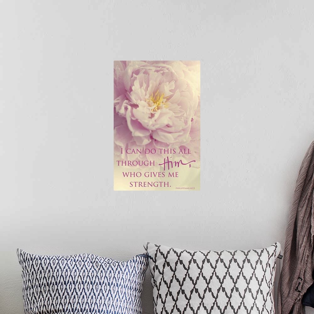 A bohemian room featuring Photograph of a pink flower with a yellow center and the bible verse "I can do all though Him, Wh...