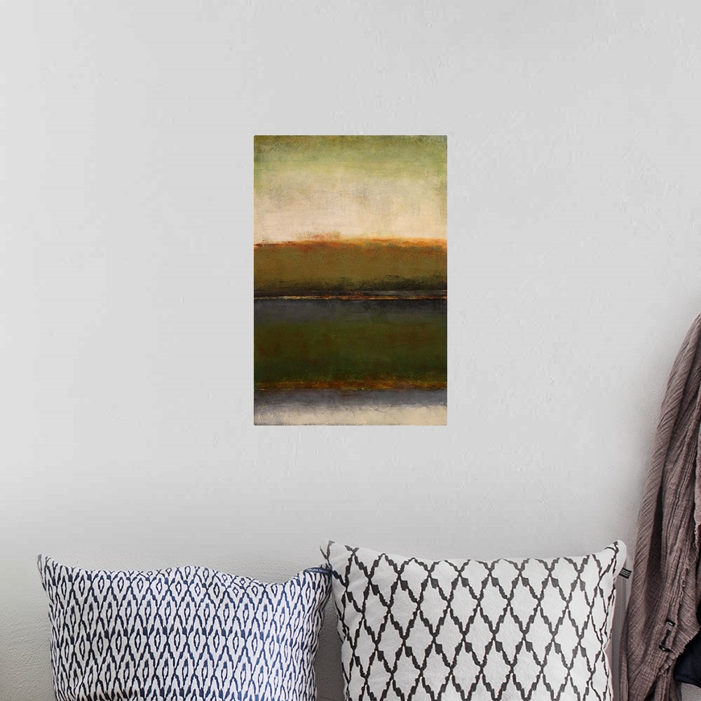 A bohemian room featuring Contemporary abstract painting in dark brown tones resembling a field at dusk.