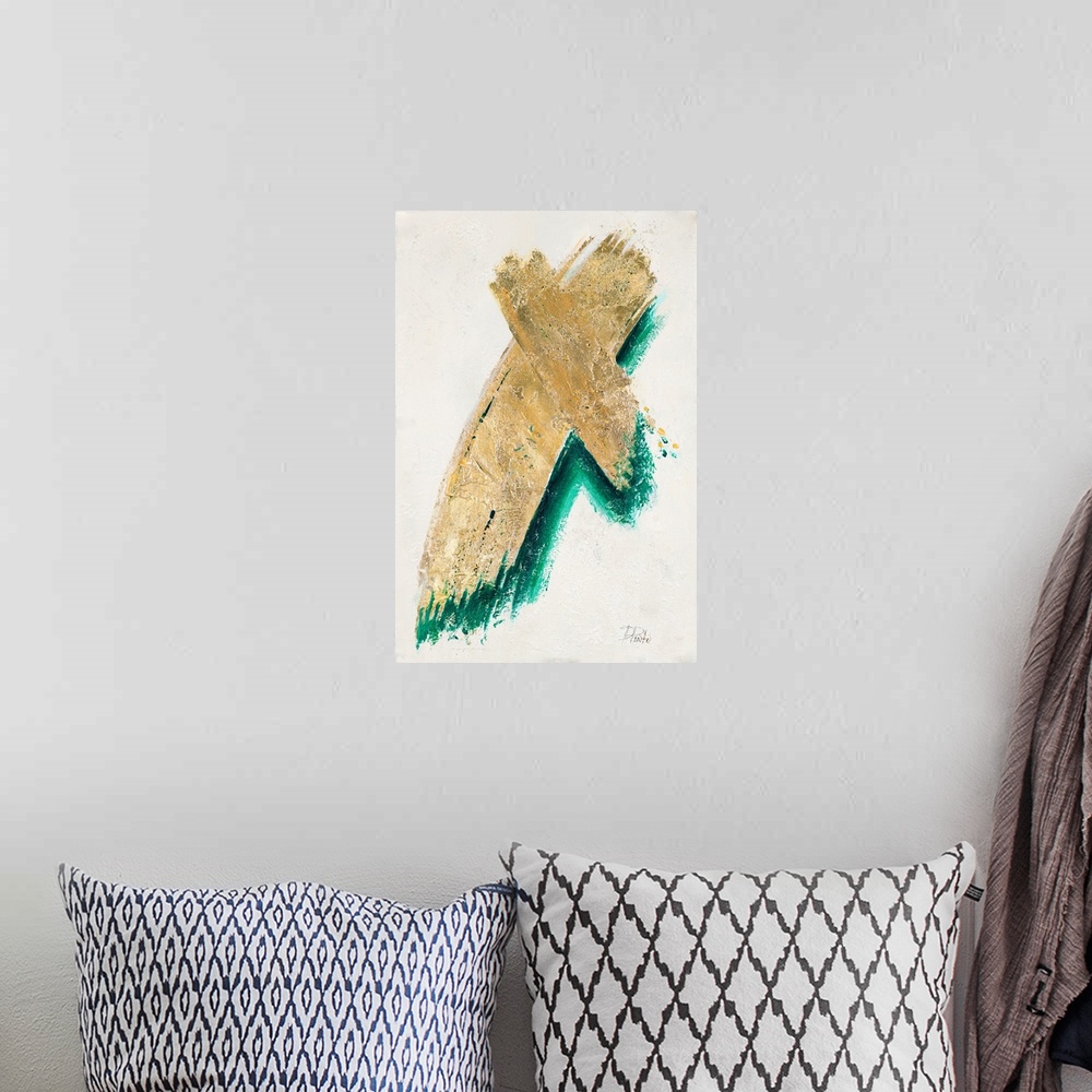 A bohemian room featuring Abstract painting with two brushstrokes creating an "X" shape in metallic gold with a teal underlay.