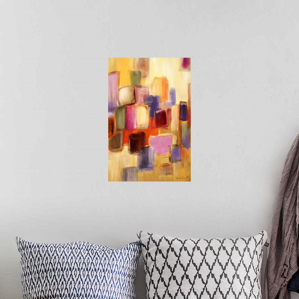 A bohemian room featuring Large contemporary vertical painting of overlapping squares and rectangles in many bright colors,...