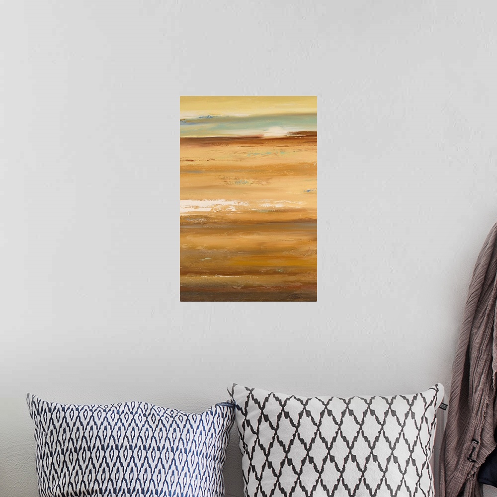 A bohemian room featuring Vertical abstract painting of many horizontal stripes indicating a landscape, with the sun rising...