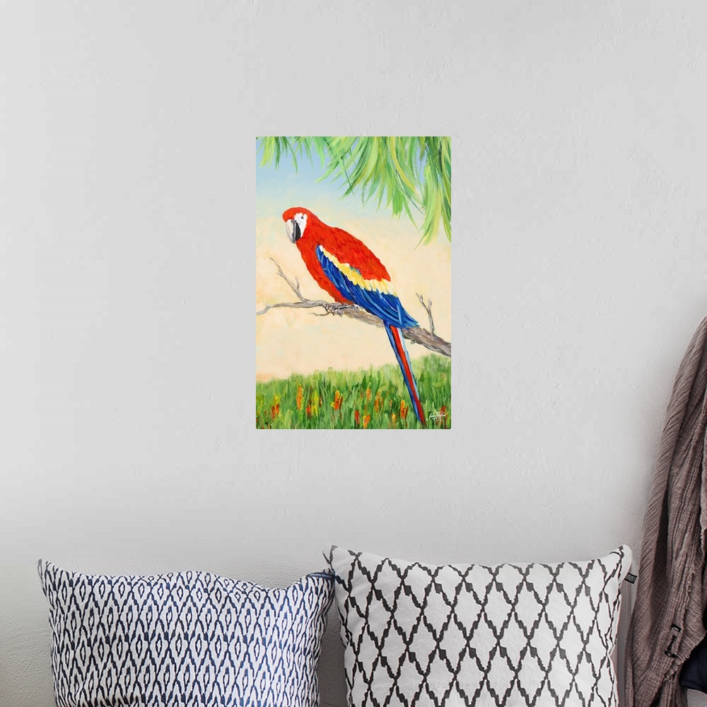 A bohemian room featuring Painting of a Scarlet Macaw on a branch in a tropical scene.