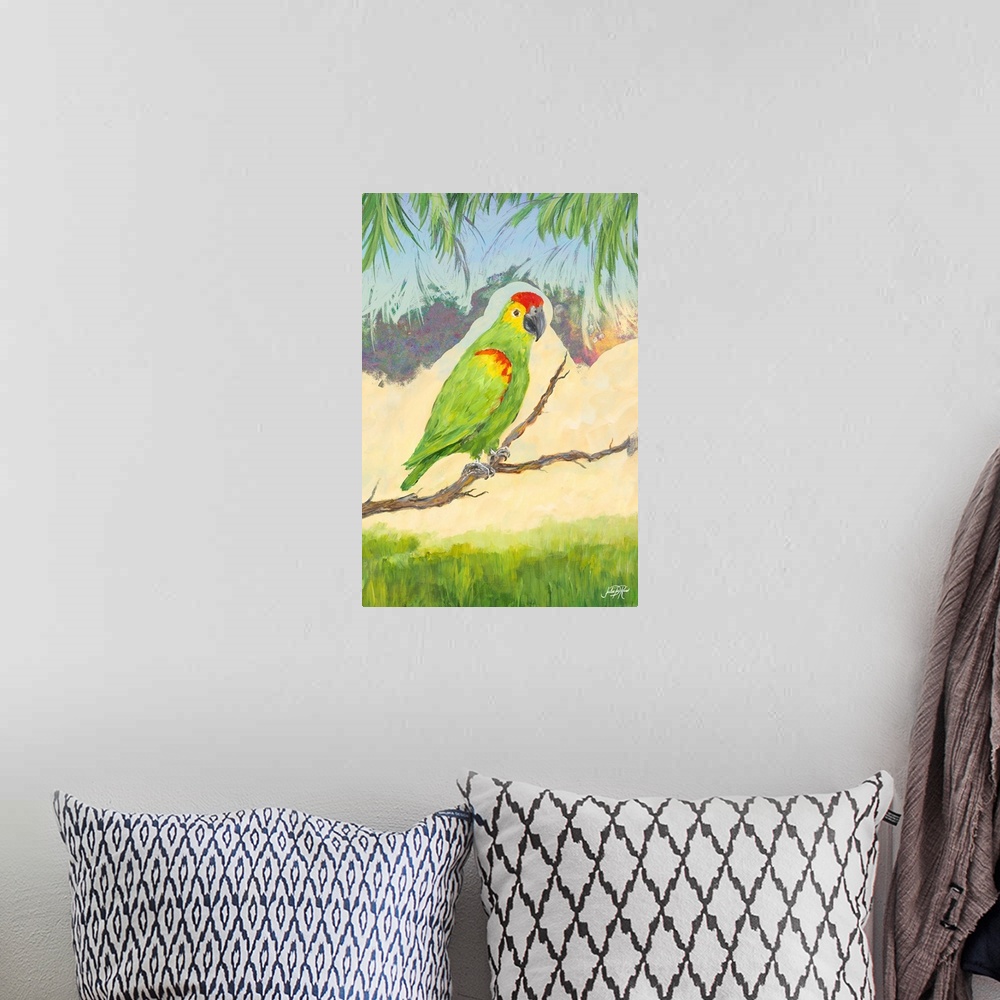 A bohemian room featuring Painting of a Red Lored Amazon on a branch in a tropical scene.