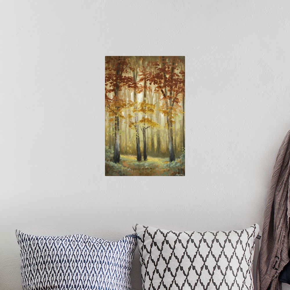 A bohemian room featuring Contemporary painting of an autumn foliage forest illuminated in a soft glow.