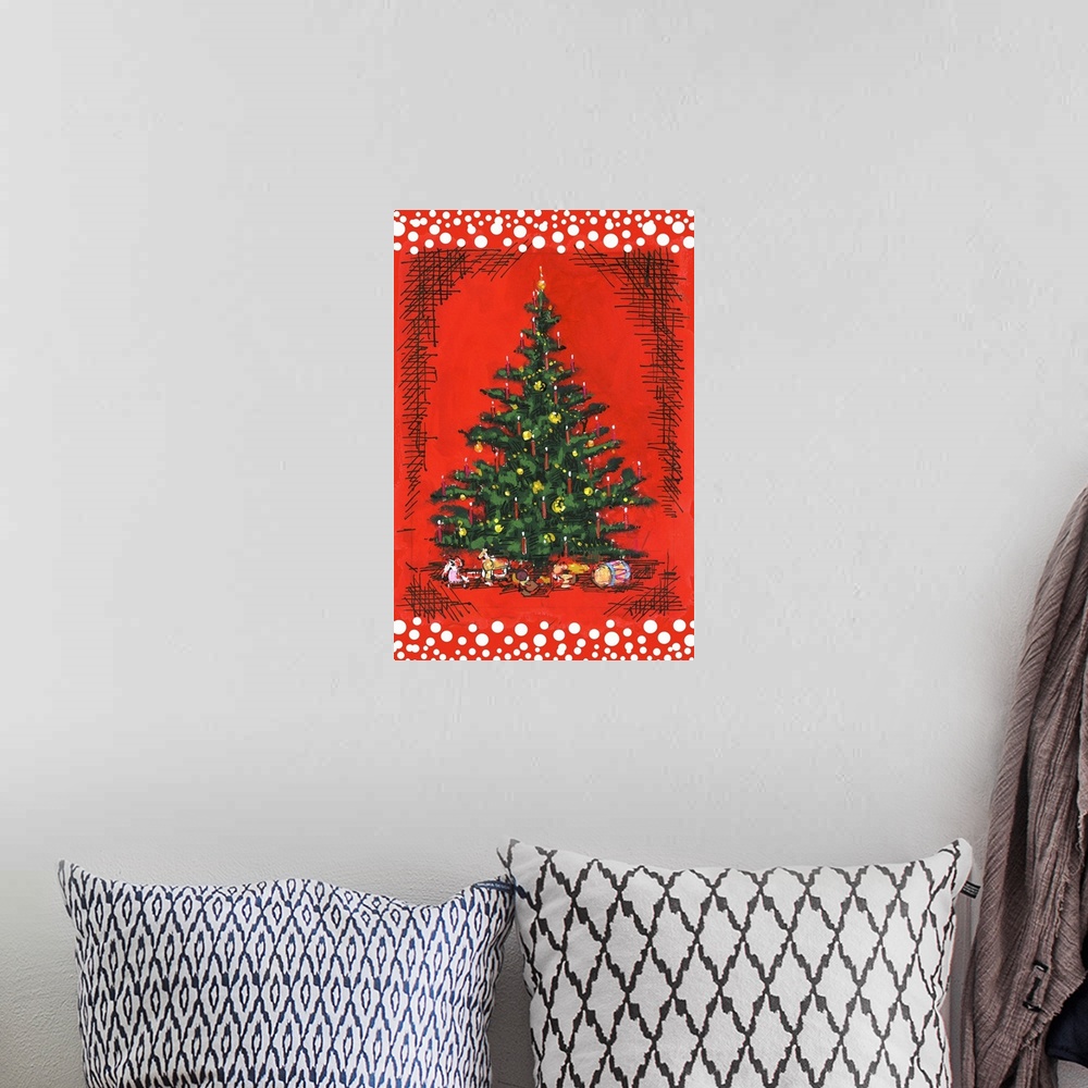 A bohemian room featuring Painting of a Christmas tree with candles and presents on red.