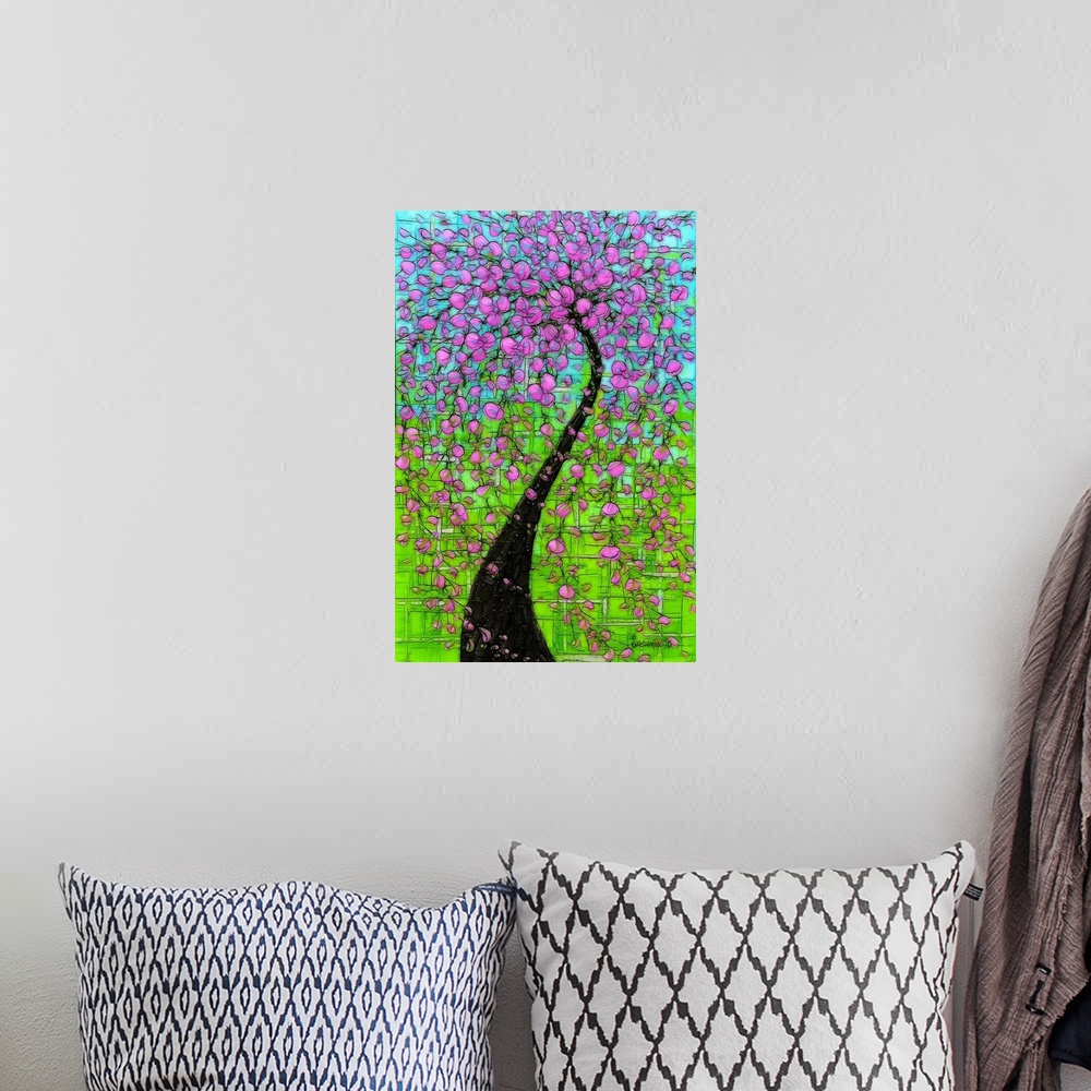 A bohemian room featuring Digital illustration of a large blossoming tree with bright pink flowers on a light blue and gree...
