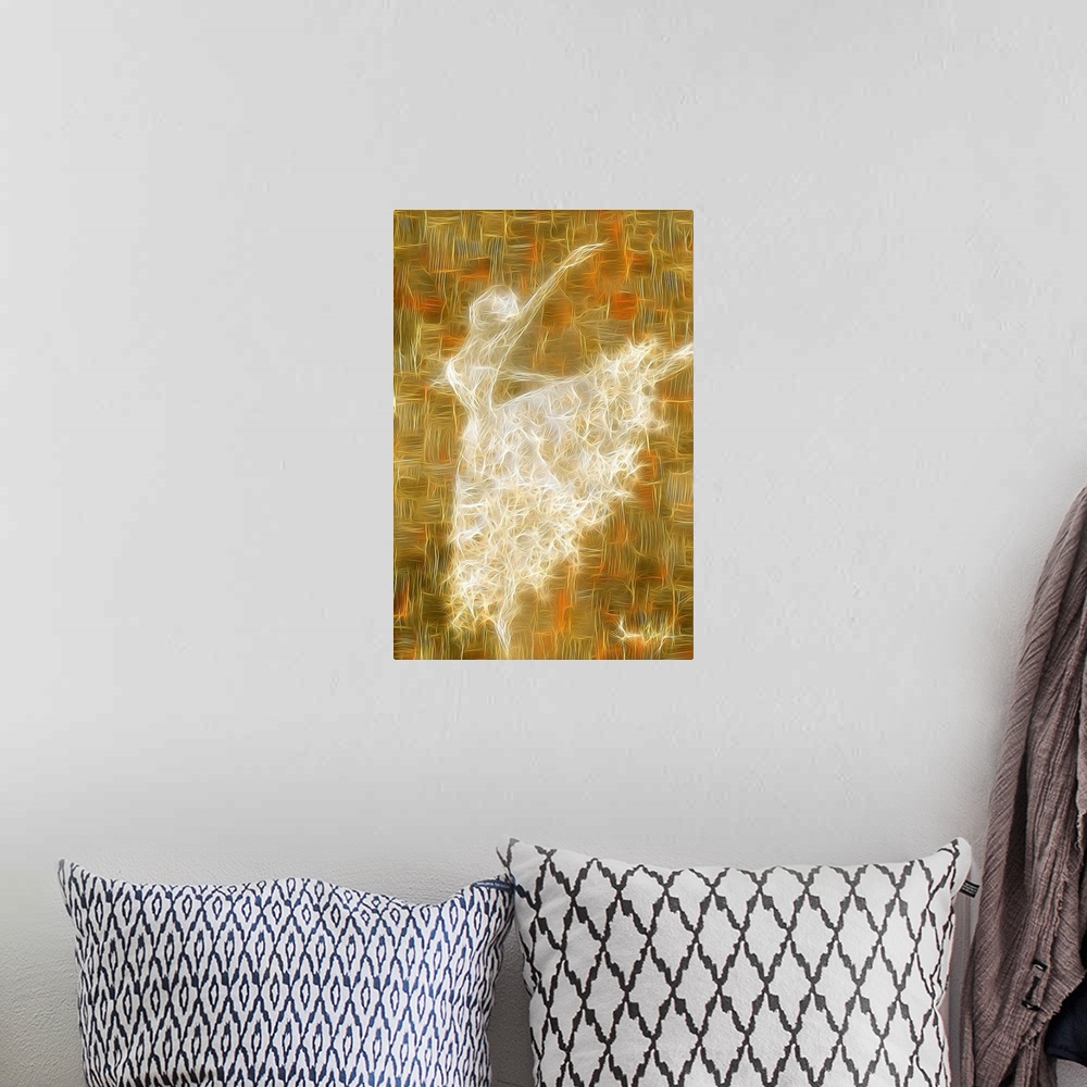 A bohemian room featuring Large digital illustration of a ballerina created with thin, woven lines on a gold and orange bac...