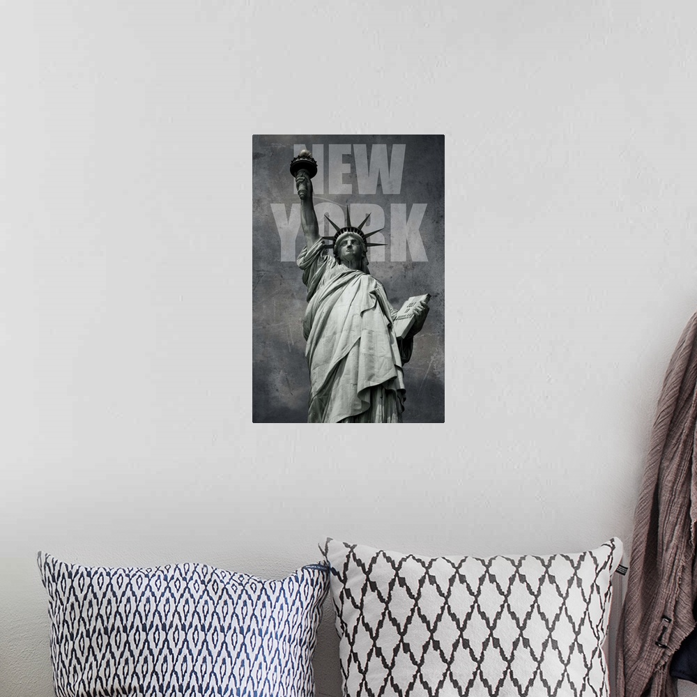 A bohemian room featuring Contemporary artwork of the Statue of Liberty on a dark stressed looking background.