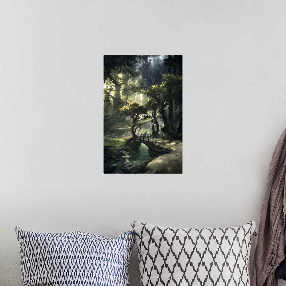 A bohemian room featuring Painting of young girl on bridge in stylized forest landscape.