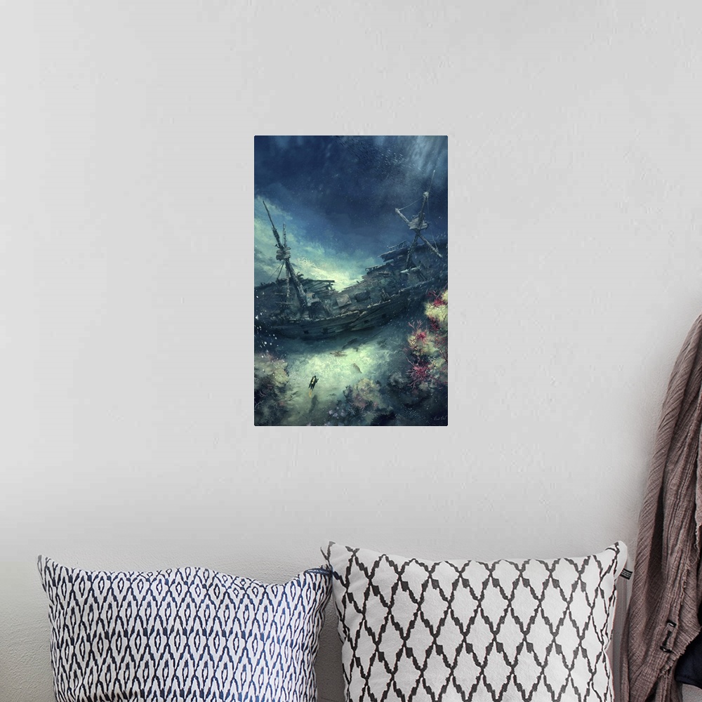A bohemian room featuring Painting of a sunken pirate ship wreck underwater with diver.