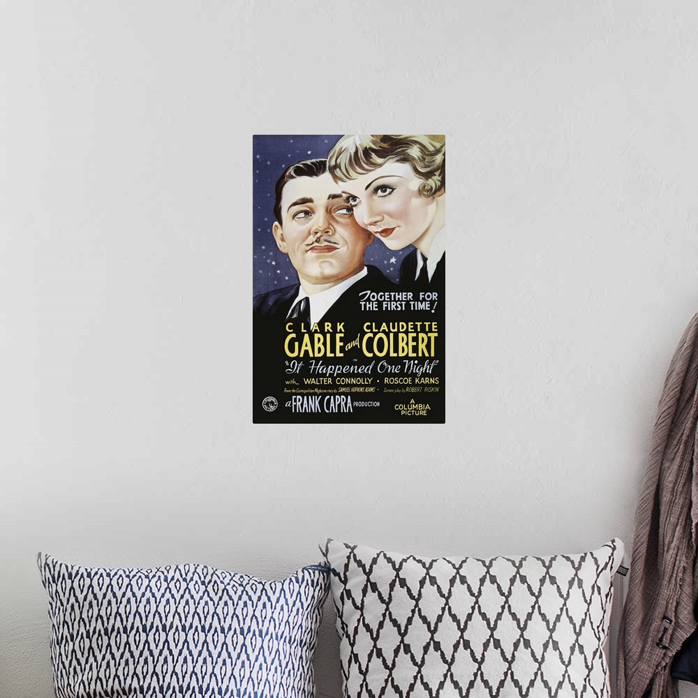 A bohemian room featuring Poster for the 1934 Columbia motion picture, It Happened One Night, starring Clark Gable and Clau...
