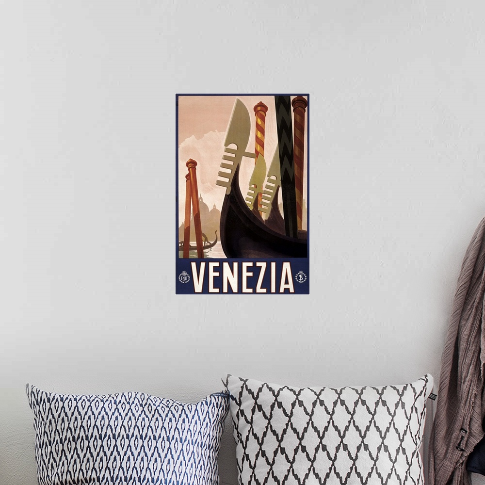 A bohemian room featuring Poster promoting travel to Venice, Italy, from the 1920s.