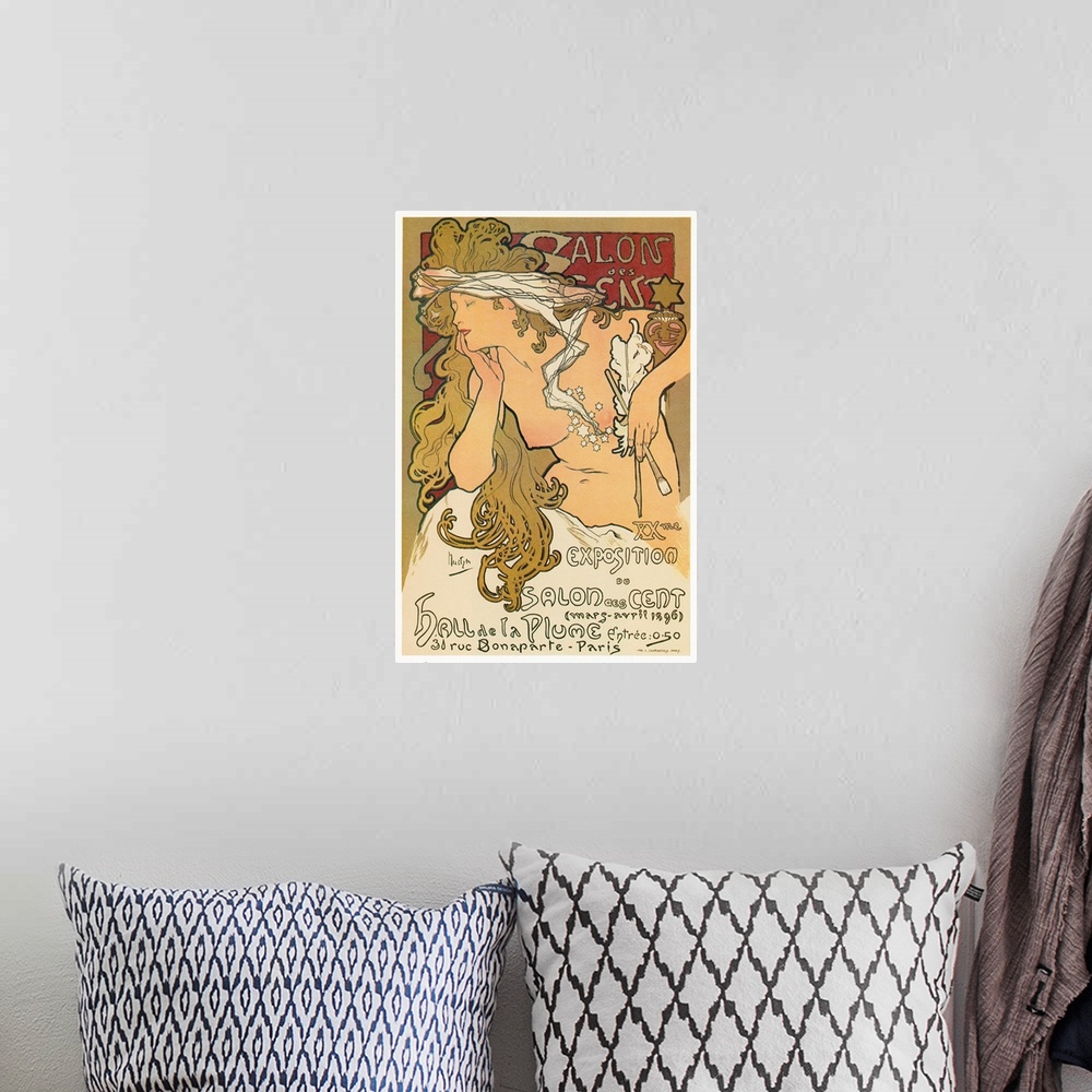 A bohemian room featuring Poster for the 20th exhibition at the Salon des Cent in Paris, France. Lithograph by Alfons Maria...