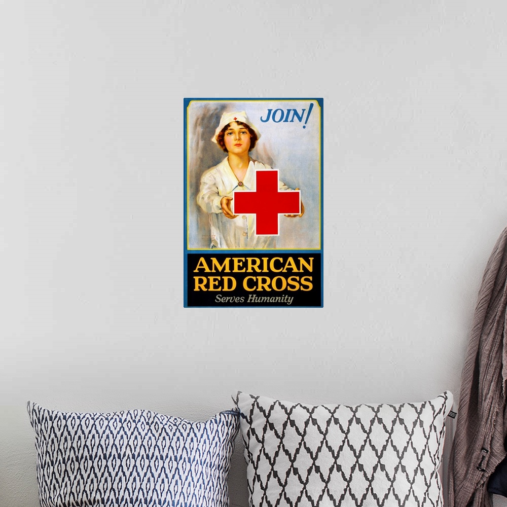 A bohemian room featuring Membership recruiting poster for the American Red Cross during World War I. Print by Wilbur Lawre...
