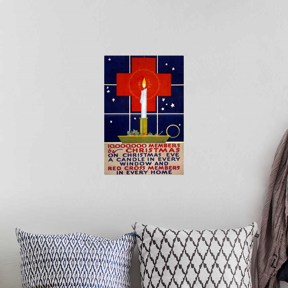 A bohemian room featuring Red Cross recruiting poster during Christmas time, 1917.