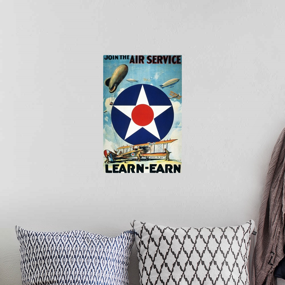 A bohemian room featuring 'Join the Air Service, Learn-Earn.' U.S. Army Air Service recruiting poster, 1918.