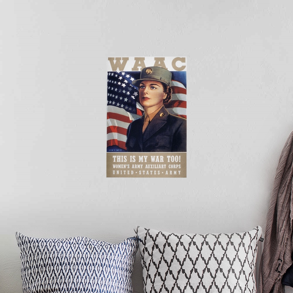 A bohemian room featuring This Is My War Too!: American World War II recruiting poster, c1942, for the U.S. Army's Women's ...