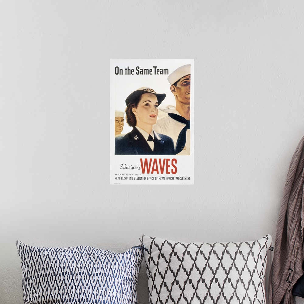 A bohemian room featuring 'On the Same Team.' American World War II recruiting poster for the WAVES (Women Accepted for Vol...