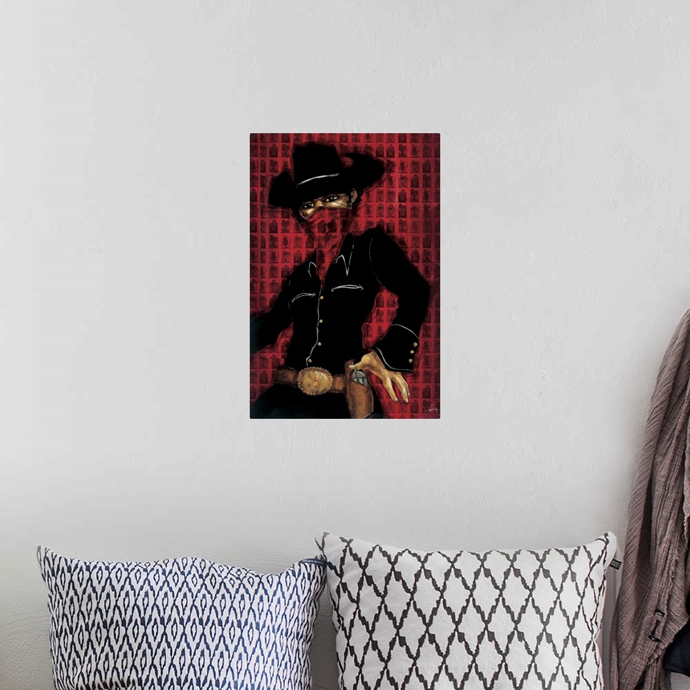 A bohemian room featuring A painting of a bandit wearing all black and red kerchief on his face.