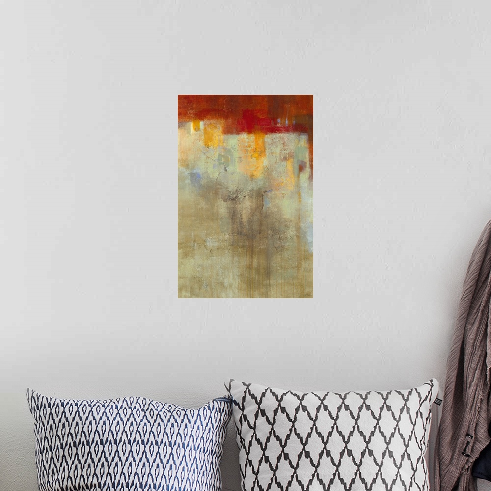 A bohemian room featuring A contemporary distressed abstract painting using earthy tones.