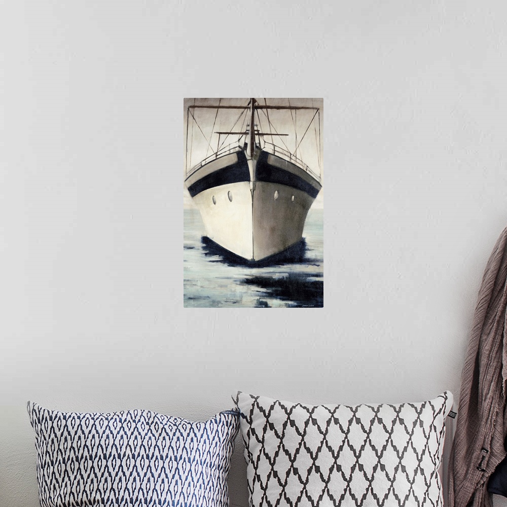A bohemian room featuring Painting of the bow of a large sailboat on the water.