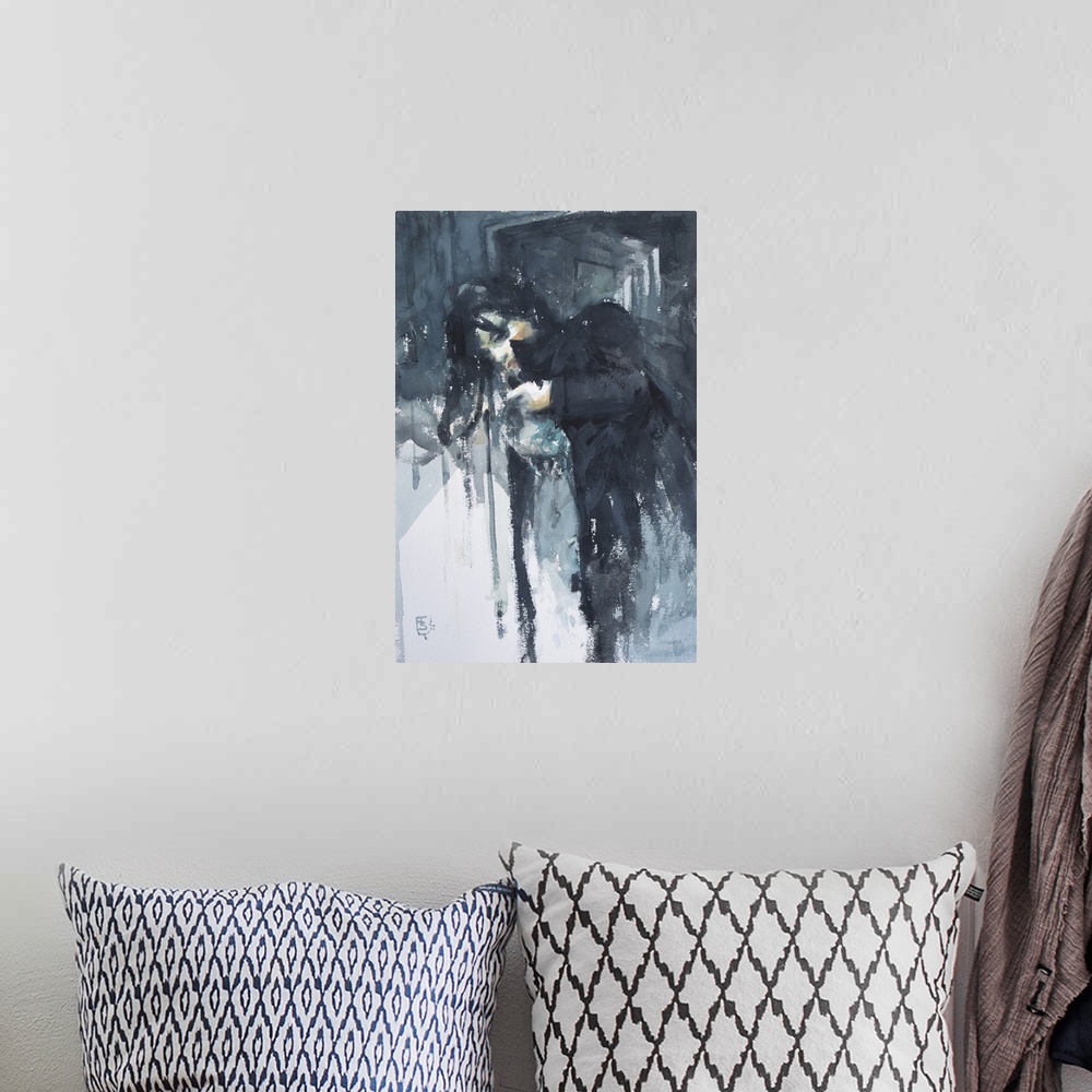 A bohemian room featuring Inspired by Jim Jarmusch's film, Stranger than Paradise, this contemporary artwork uses moody blu...