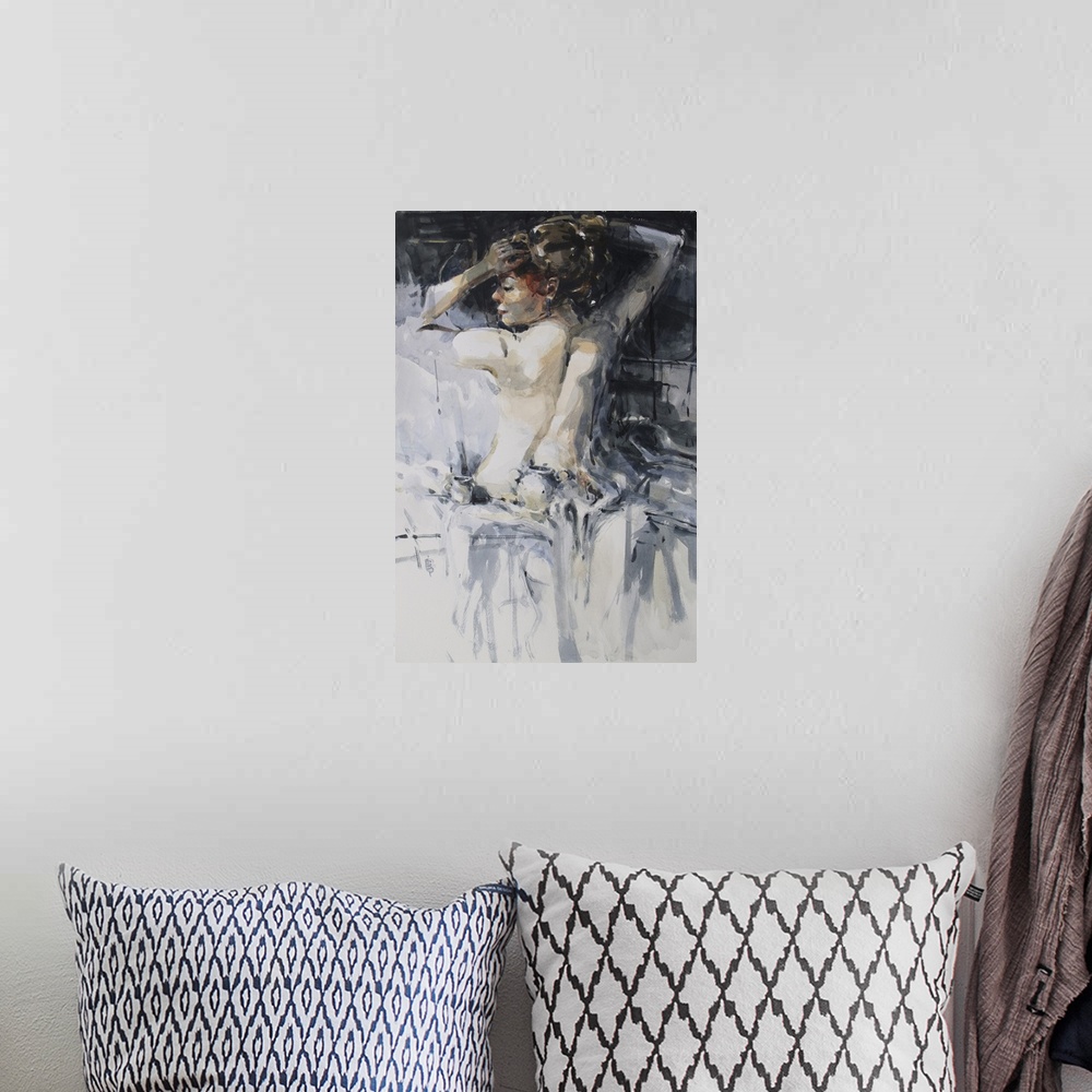 A bohemian room featuring This contemporary artwork features a nude woman seated shaped from moody grays offset by warm tones.